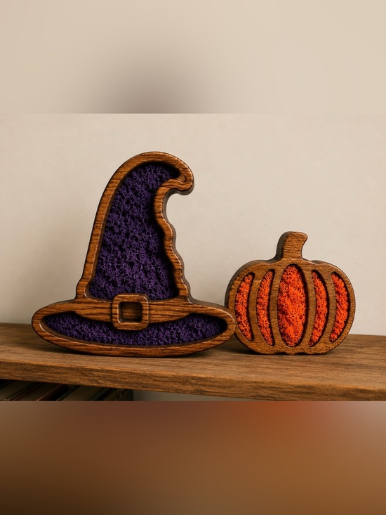 Other - Wooden Witch Hat and Pumpkin Halloween Décor - Purple & Orange